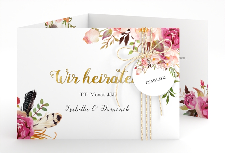 Hochzeitseinladung Flowers A6 Doppel-Klappkarte weiss gold mit bunten Aquarell-Blumen