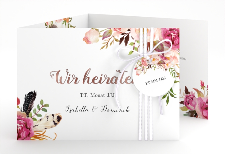 Hochzeitseinladung Flowers A6 Doppel-Klappkarte weiss rosegold mit bunten Aquarell-Blumen