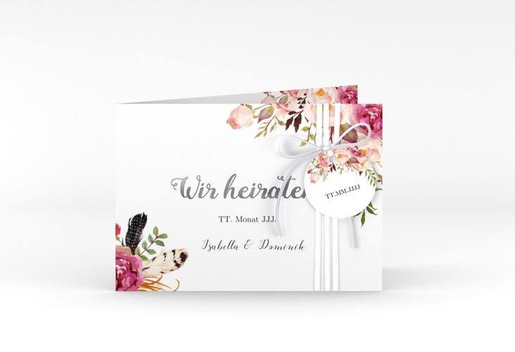 Hochzeitseinladung Flowers A6 Klappkarte quer weiss silber mit bunten Aquarell-Blumen