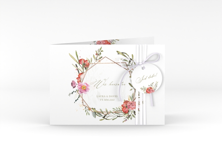 Hochzeitseinladung Sommergarten A6 Klappkarte quer weiss rosegold