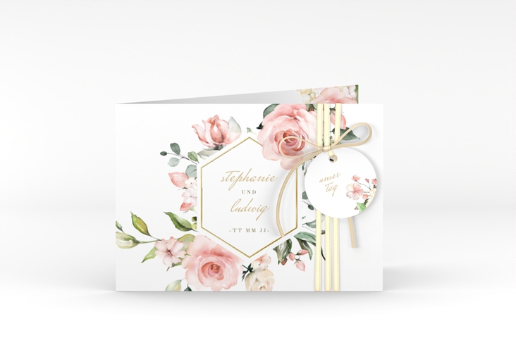 Einladung Hochzeit Graceful A6 Klappkarte quer weiss gold mit Rosenblüten in Rosa und Weiß