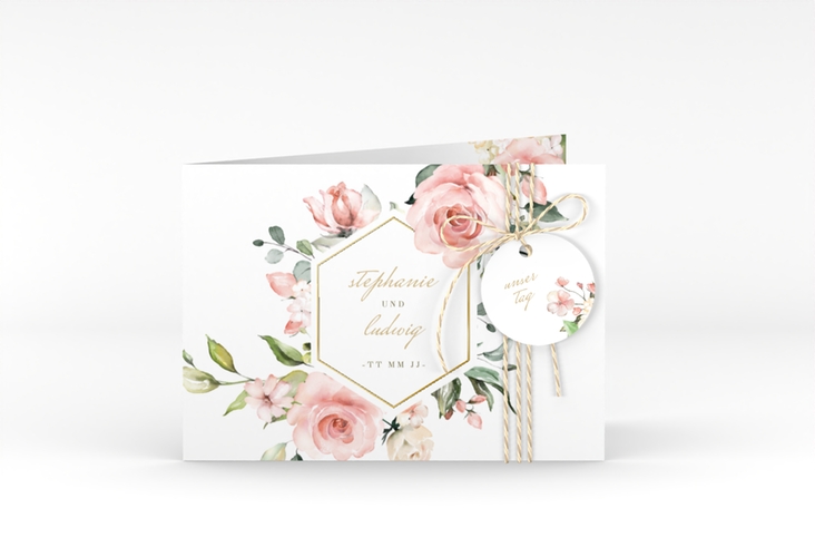 Einladung Hochzeit Graceful A6 Klappkarte quer weiss gold mit Rosenblüten in Rosa und Weiß