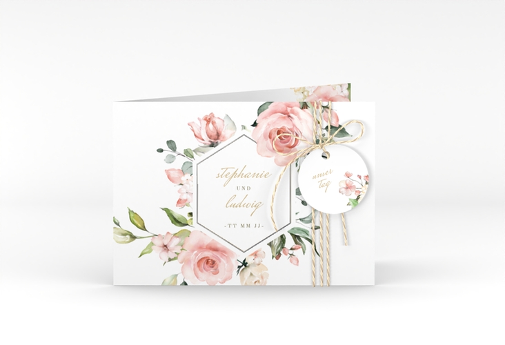 Einladung Hochzeit Graceful A6 Klappkarte quer weiss silber mit Rosenblüten in Rosa und Weiß