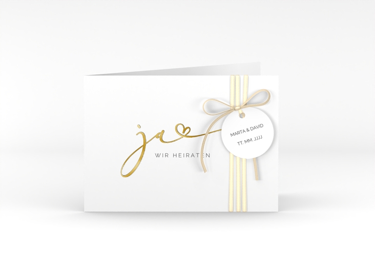 Hochzeitseinladung Jawort A6 Klappkarte quer weiss gold modern minimalistisch mit veredelter Aufschrift