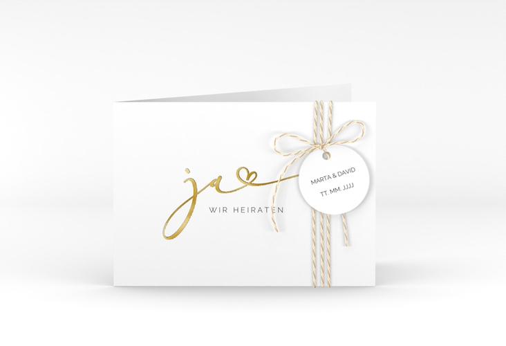 Hochzeitseinladung Jawort A6 Klappkarte quer weiss gold modern minimalistisch mit veredelter Aufschrift