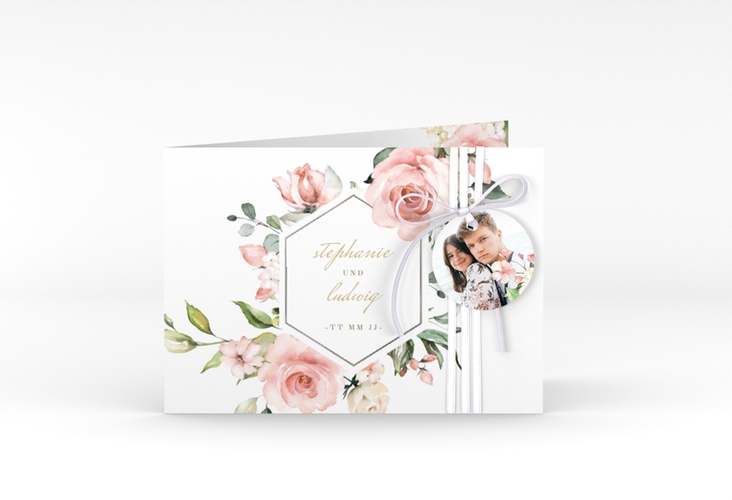 Einladung Hochzeit Graceful A6 Klappkarte quer weiss silber mit Rosenblüten in Rosa und Weiß