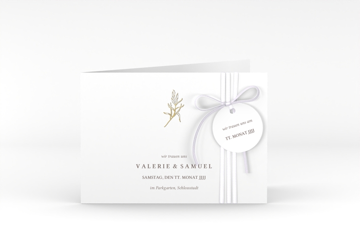 Hochzeitseinladung Ivy A6 Klappkarte quer weiss gold minimalistisch mit kleiner botanischer Illustration