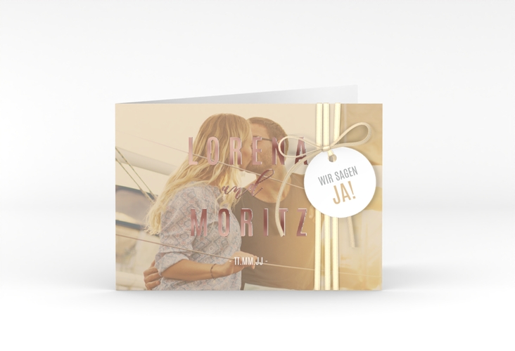 Hochzeitseinladung Memory A6 Klappkarte quer beige rosegold