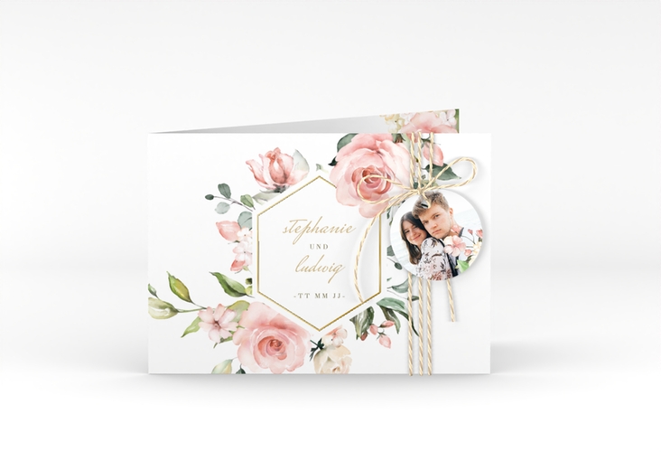 Einladung Hochzeit Graceful A6 Klappkarte quer weiss gold mit Rosenblüten in Rosa und Weiß