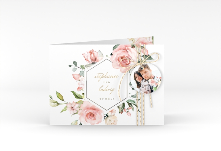 Einladung Hochzeit Graceful A6 Klappkarte quer weiss silber mit Rosenblüten in Rosa und Weiß