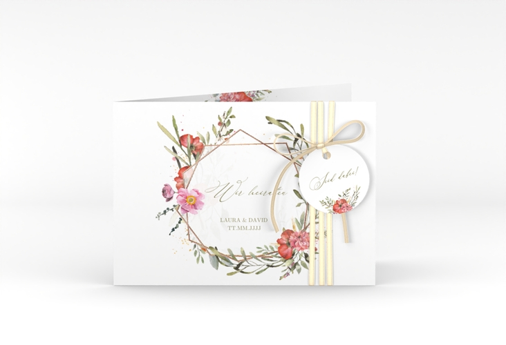 Hochzeitseinladung Sommergarten A6 Klappkarte quer weiss rosegold