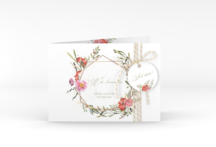 Hochzeitseinladung Sommergarten A6 Klappkarte quer weiss rosegold