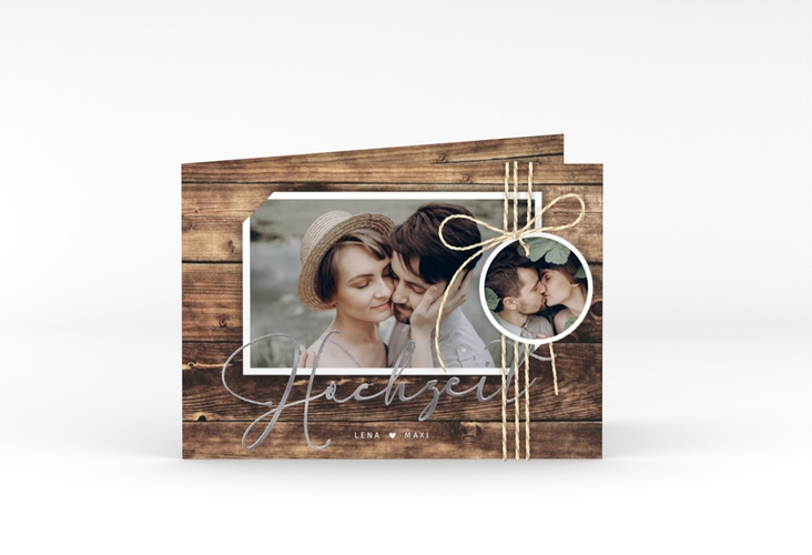 Hochzeitseinladung Rustic A6 Klappkarte quer braun silber in Holz-Optik mit Foto