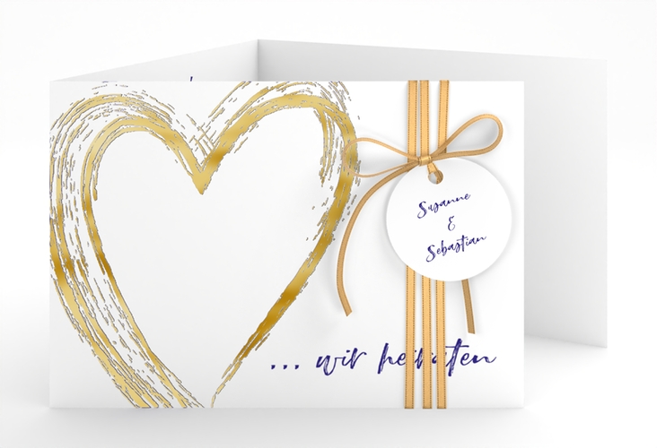 Hochzeitseinladung Liebe A6 Doppel-Klappkarte blau gold