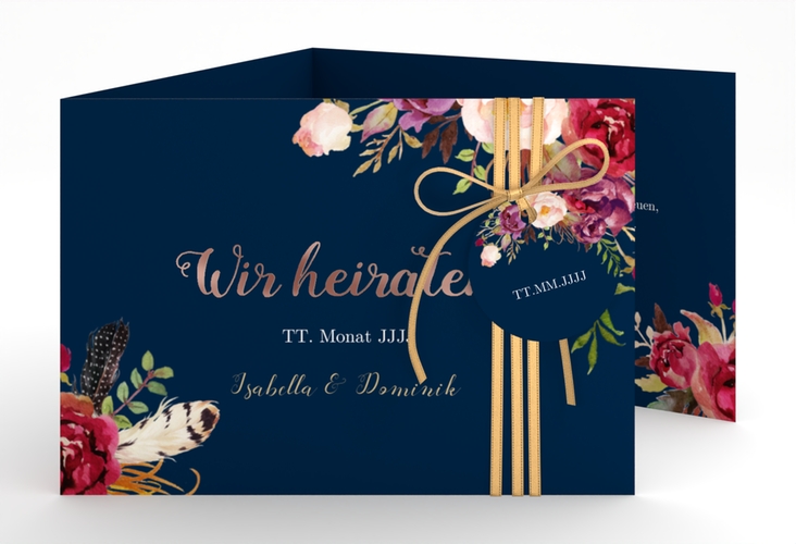 Hochzeitseinladung Flowers A6 Doppel-Klappkarte blau rosegold mit bunten Aquarell-Blumen