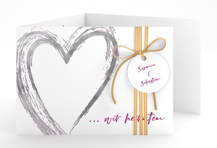 Hochzeitseinladung Liebe A6 Doppel-Klappkarte pink silber