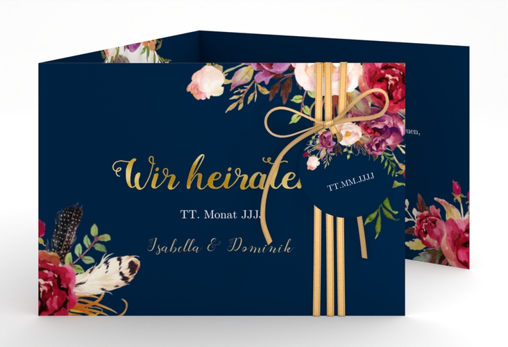 Hochzeitseinladung Flowers A6 Doppel-Klappkarte blau gold mit bunten Aquarell-Blumen