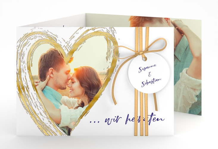 Hochzeitseinladung Liebe A6 Doppel-Klappkarte blau gold