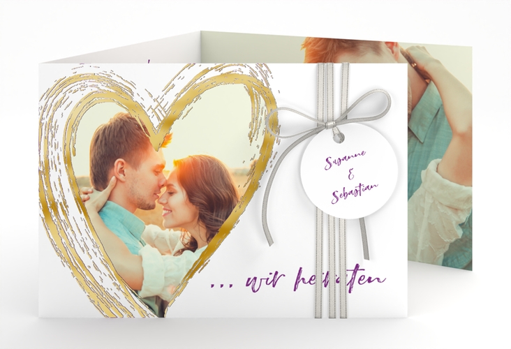 Hochzeitseinladung Liebe A6 Doppel-Klappkarte lila gold