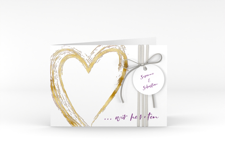 Hochzeitseinladung Liebe A6 Klappkarte quer lila gold