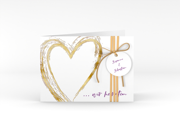 Hochzeitseinladung Liebe A6 Klappkarte quer lila gold