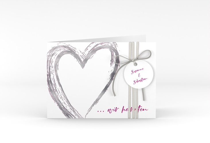 Hochzeitseinladung Liebe A6 Klappkarte quer pink silber