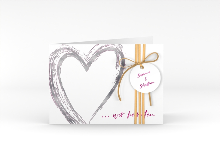 Hochzeitseinladung Liebe A6 Klappkarte quer pink silber