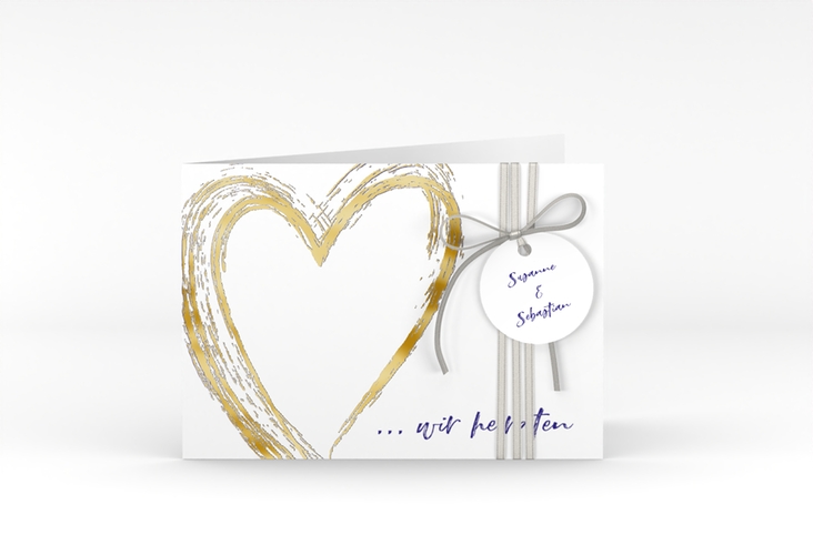 Hochzeitseinladung Liebe A6 Klappkarte quer blau gold