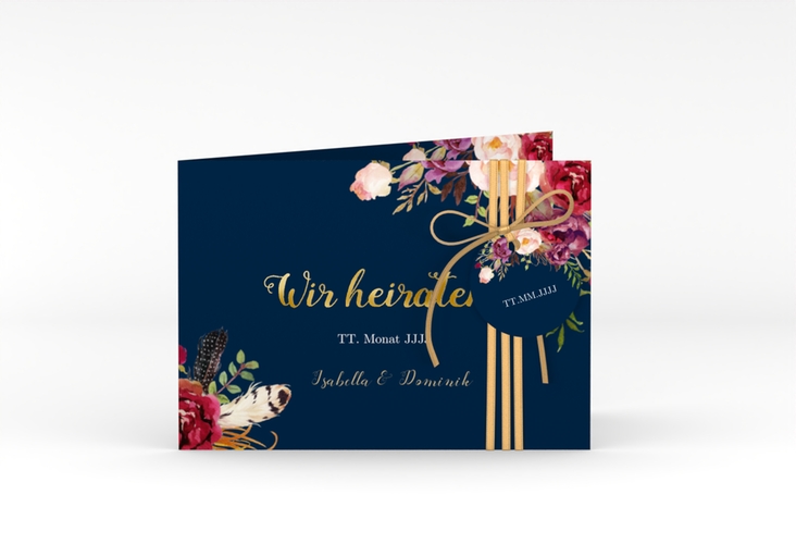 Hochzeitseinladung Flowers A6 Klappkarte quer blau gold mit bunten Aquarell-Blumen