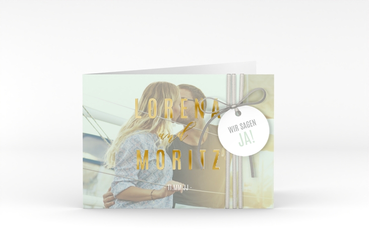 Hochzeitseinladung Memory A6 Klappkarte quer mint gold