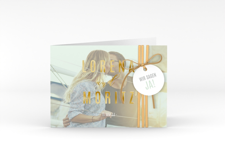 Hochzeitseinladung Memory A6 Klappkarte quer mint gold