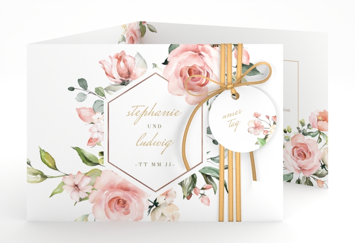 Hochzeitseinladung Graceful A6 Doppel-Klappkarte weiss rosegold mit Rosenblüten in Rosa und Weiß