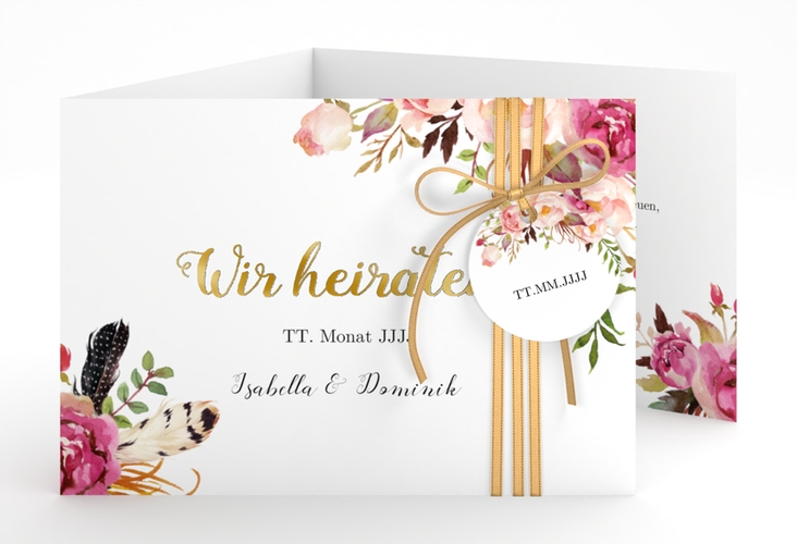 Hochzeitseinladung Flowers A6 Doppel-Klappkarte weiss gold mit bunten Aquarell-Blumen