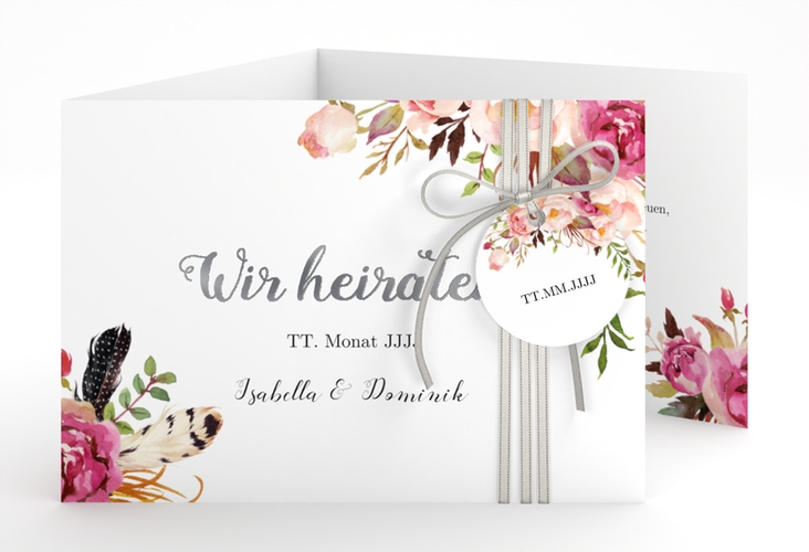 Hochzeitseinladung Flowers A6 Doppel-Klappkarte weiss silber mit bunten Aquarell-Blumen