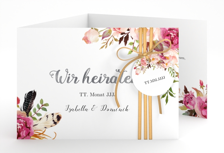 Hochzeitseinladung Flowers A6 Doppel-Klappkarte weiss silber mit bunten Aquarell-Blumen