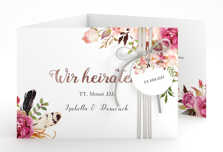 Hochzeitseinladung Flowers A6 Doppel-Klappkarte weiss rosegold mit bunten Aquarell-Blumen