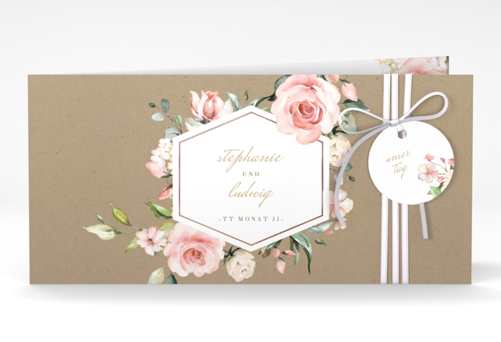 Hochzeitseinladung Graceful lange Klappkarte quer Kraftpapier rosegold mit Rosenblüten in Rosa und Weiß