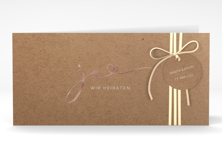 Hochzeitseinladung Jawort lange Klappkarte quer Kraftpapier rosegold modern minimalistisch mit veredelter Aufschrift