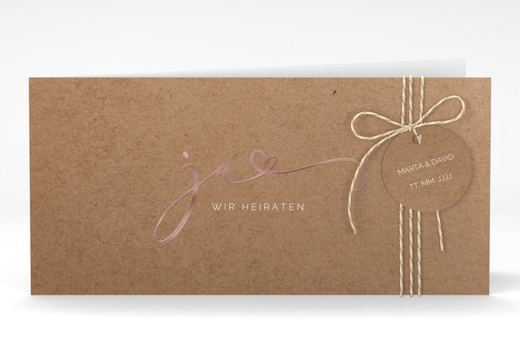 Hochzeitseinladung Jawort lange Klappkarte quer Kraftpapier rosegold modern minimalistisch mit veredelter Aufschrift