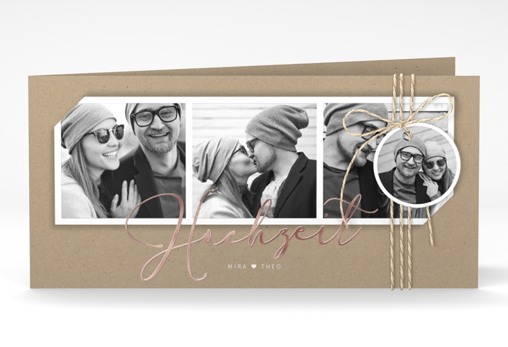 Hochzeitseinladung Crafty lange Klappkarte quer Kraftpapier rosegold mit drei Fotos