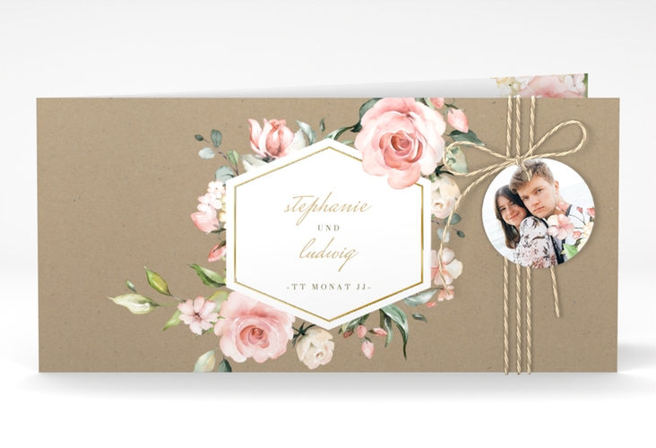 Hochzeitseinladung Graceful lange Klappkarte quer Kraftpapier gold mit Rosenblüten in Rosa und Weiß