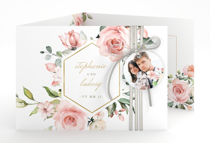 Hochzeitseinladung Graceful A6 Doppel-Klappkarte weiss gold mit Rosenblüten in Rosa und Weiß