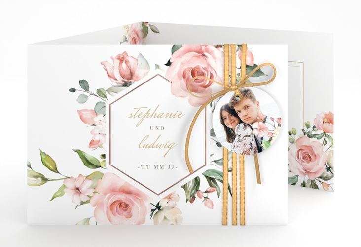 Hochzeitseinladung Graceful A6 Doppel-Klappkarte weiss rosegold mit Rosenblüten in Rosa und Weiß