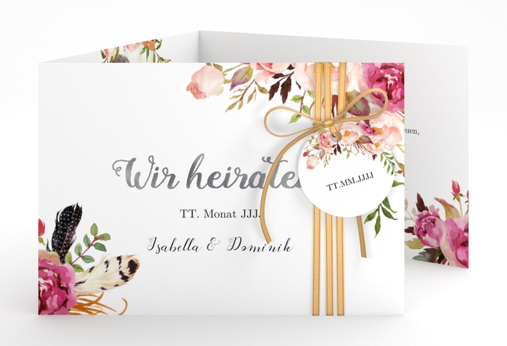 Hochzeitseinladung Flowers A6 Doppel-Klappkarte weiss silber mit bunten Aquarell-Blumen