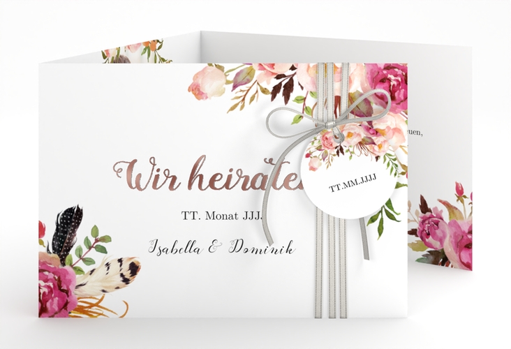 Hochzeitseinladung Flowers A6 Doppel-Klappkarte weiss rosegold mit bunten Aquarell-Blumen