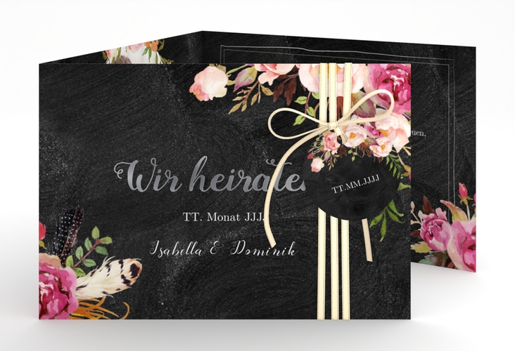 Hochzeitseinladung Flowers A6 Doppel-Klappkarte schwarz silber mit bunten Aquarell-Blumen