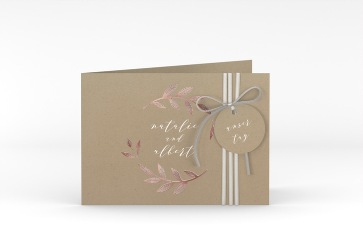 Hochzeitseinladung Naturelove A6 Klappkarte quer weiss rosegold in Kraftpapier-Optik mit Blatt-Illustration