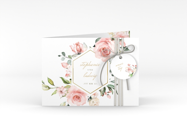 Einladung Hochzeit Graceful A6 Klappkarte quer weiss gold mit Rosenblüten in Rosa und Weiß