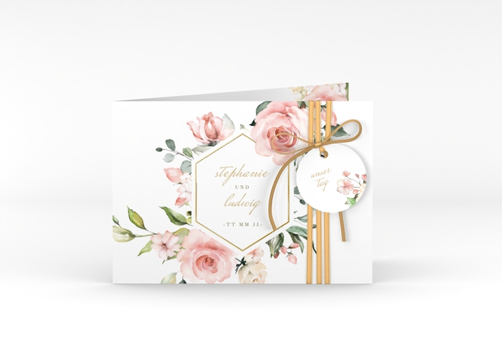 Einladung Hochzeit Graceful A6 Klappkarte quer weiss gold mit Rosenblüten in Rosa und Weiß