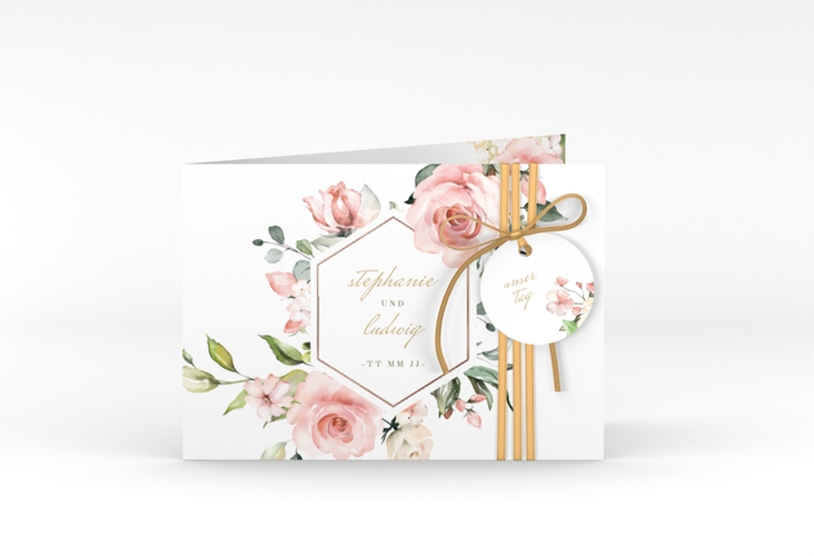 Einladung Hochzeit Graceful A6 Klappkarte quer weiss rosegold mit Rosenblüten in Rosa und Weiß